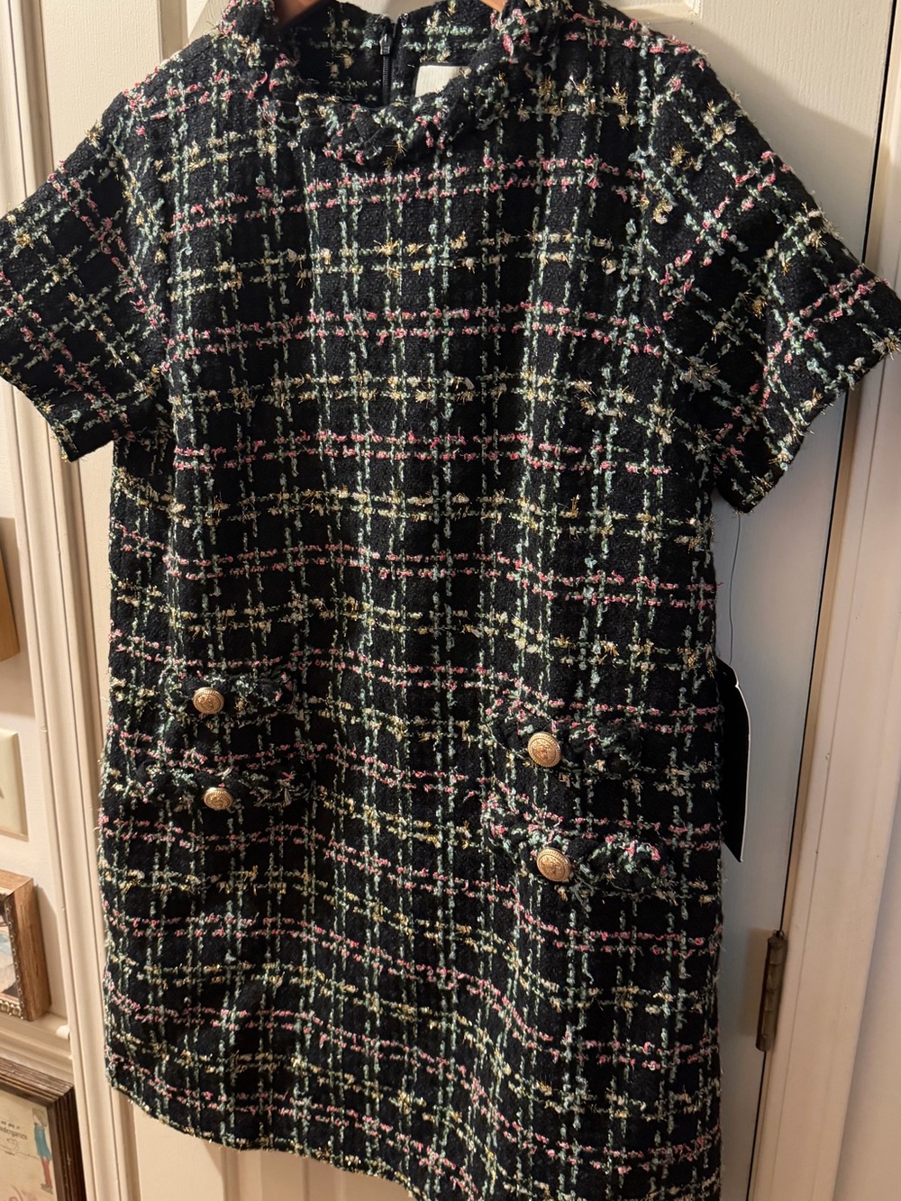 Tuckernuck Black Tweed Short-Sleeve Plaid Dress with Pink and Cream Accents